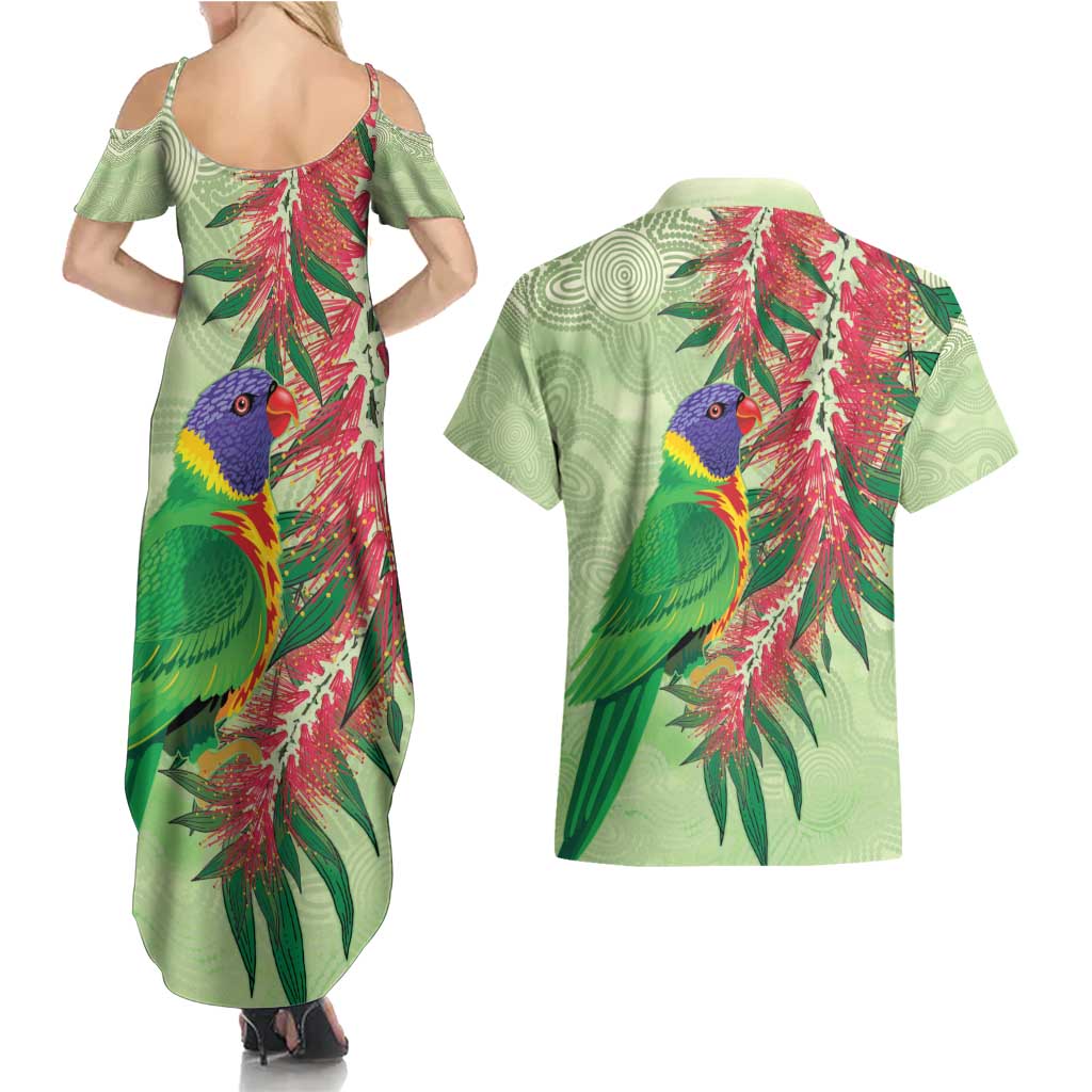 Australia Bottlebrush And Lorikeets Couples Matching Summer Maxi Dress and Hawaiian Shirt Aboriginal Art - Watercolor Style