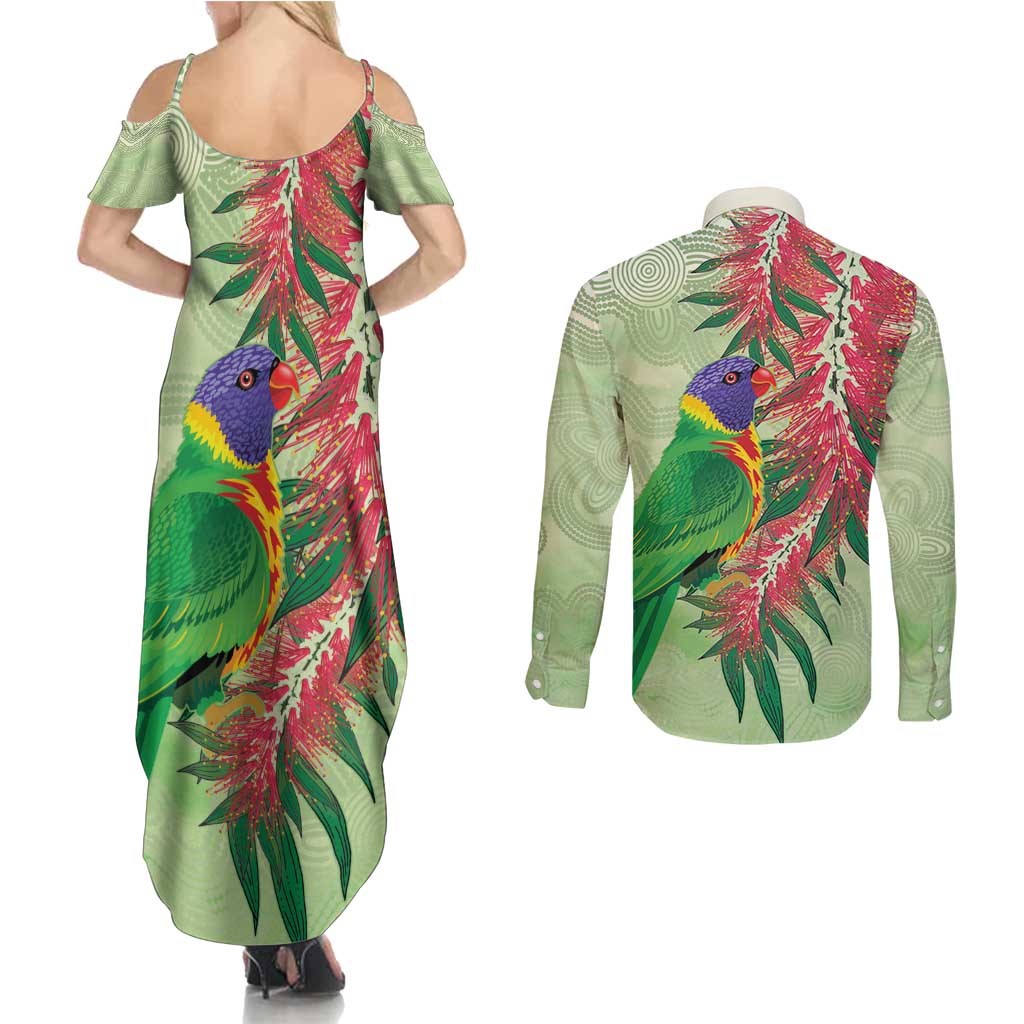 Australia Bottlebrush And Lorikeets Couples Matching Summer Maxi Dress and Long Sleeve Button Shirt Aboriginal Art - Watercolor Style