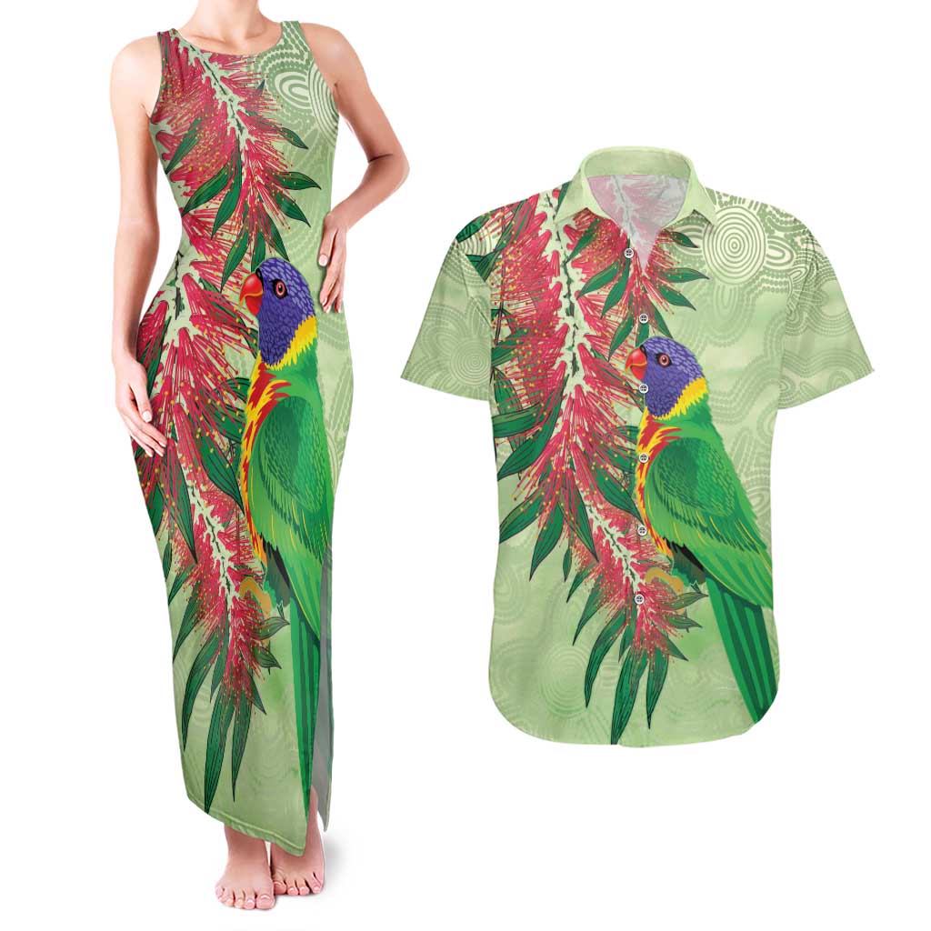 Australia Bottlebrush And Lorikeets Couples Matching Tank Maxi Dress and Hawaiian Shirt Aboriginal Art - Watercolor Style