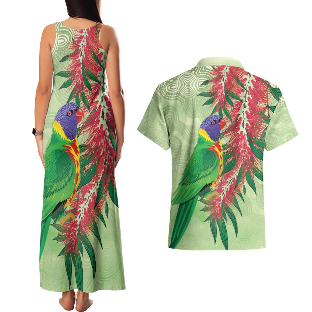 Australia Bottlebrush And Lorikeets Couples Matching Tank Maxi Dress and Hawaiian Shirt Aboriginal Art - Watercolor Style