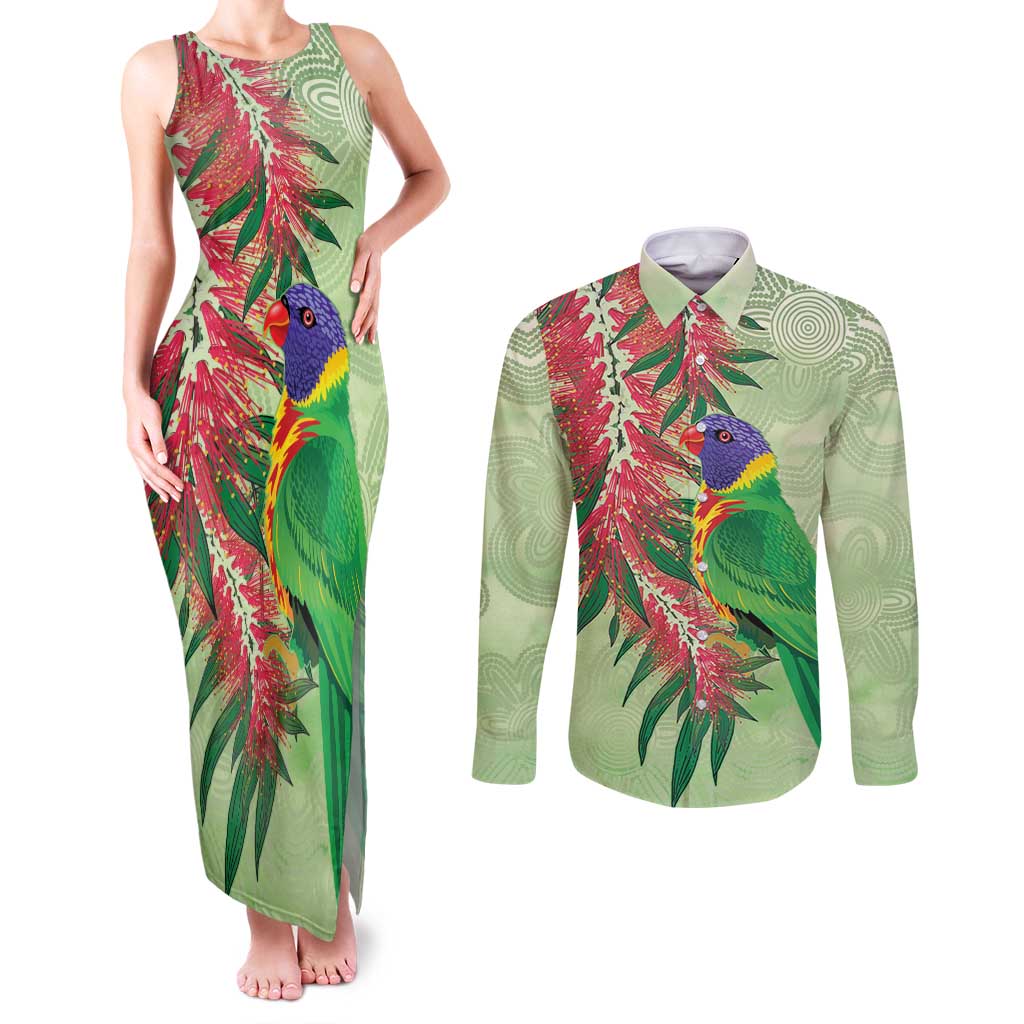 Australia Bottlebrush And Lorikeets Couples Matching Tank Maxi Dress and Long Sleeve Button Shirt Aboriginal Art - Watercolor Style