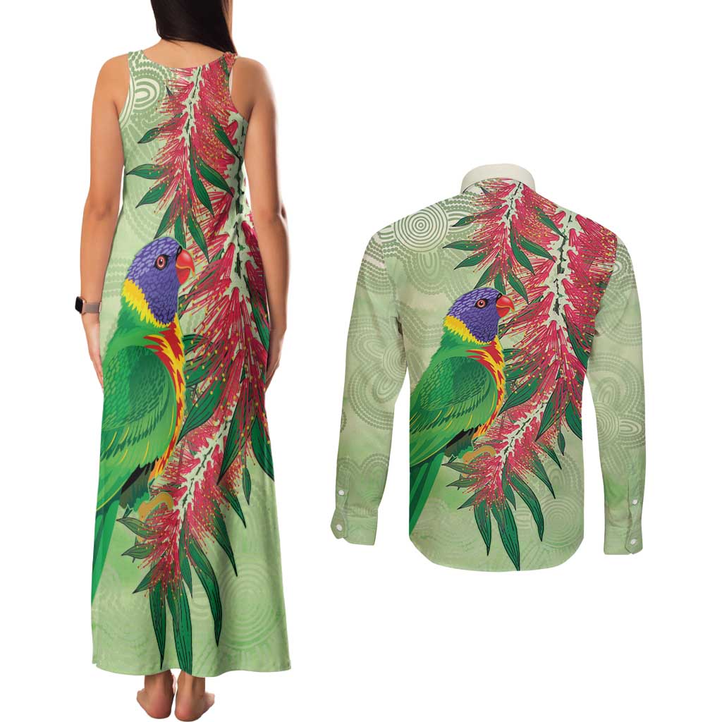 Australia Bottlebrush And Lorikeets Couples Matching Tank Maxi Dress and Long Sleeve Button Shirt Aboriginal Art - Watercolor Style