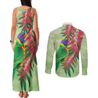Australia Bottlebrush And Lorikeets Couples Matching Tank Maxi Dress and Long Sleeve Button Shirt Aboriginal Art - Watercolor Style