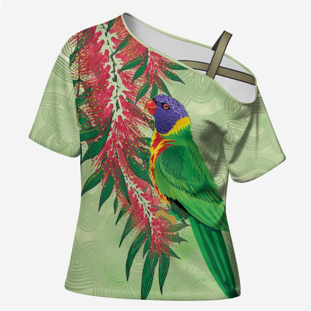 Australia Bottlebrush And Lorikeets Cross Shoulder Shirt Aboriginal Art - Watercolor Style - Aussie Hoodie