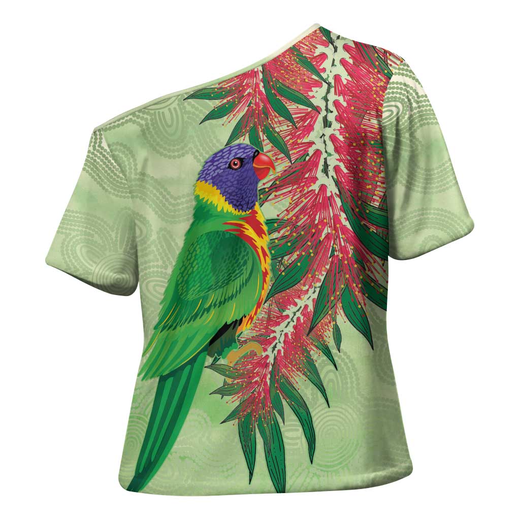 Australia Bottlebrush And Lorikeets Cross Shoulder Shirt Aboriginal Art - Watercolor Style - Aussie Hoodie