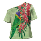 Australia Bottlebrush And Lorikeets Cross Shoulder Shirt Aboriginal Art - Watercolor Style - Aussie Hoodie