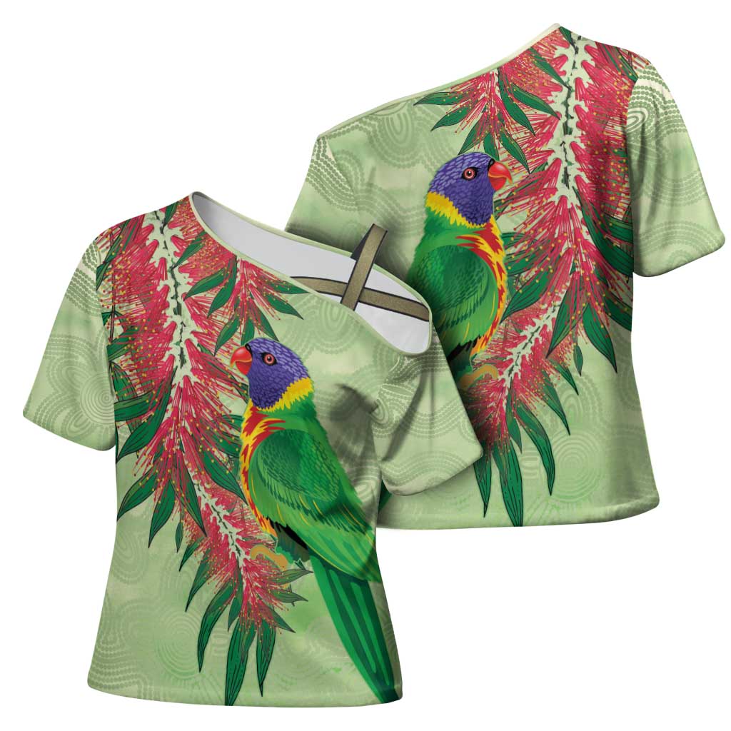 Australia Bottlebrush And Lorikeets Cross Shoulder Shirt Aboriginal Art - Watercolor Style - Aussie Hoodie