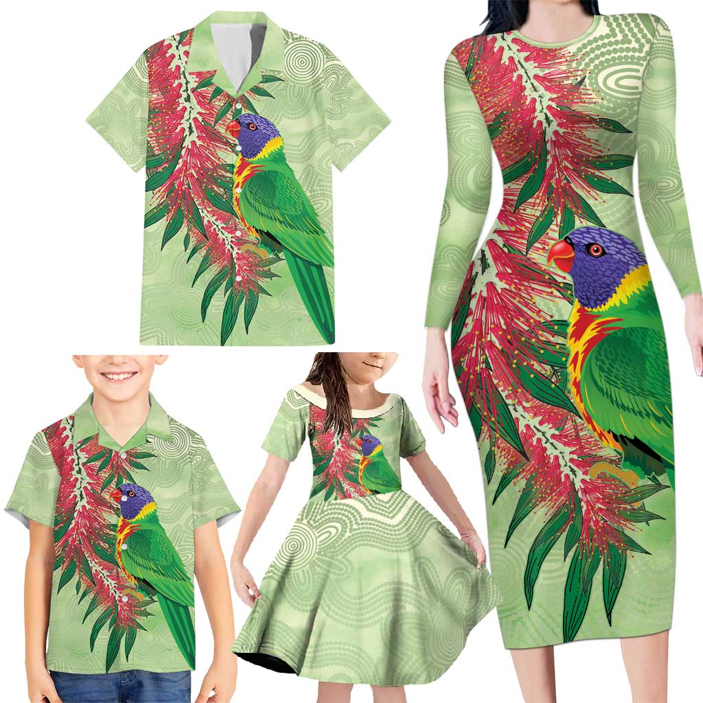 Australia Bottlebrush And Lorikeets Family Matching Long Sleeve Bodycon Dress and Hawaiian Shirt Aboriginal Art - Watercolor Style