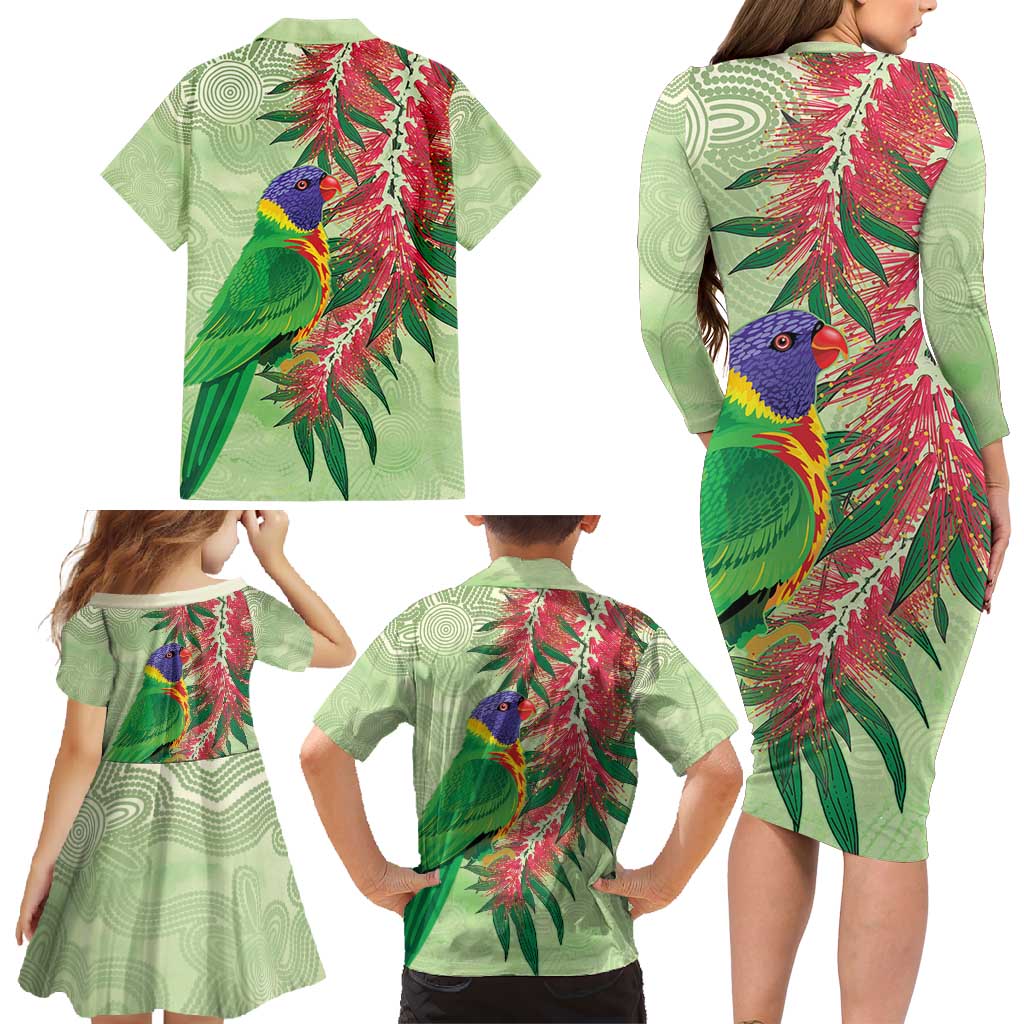 Australia Bottlebrush And Lorikeets Family Matching Long Sleeve Bodycon Dress and Hawaiian Shirt Aboriginal Art - Watercolor Style