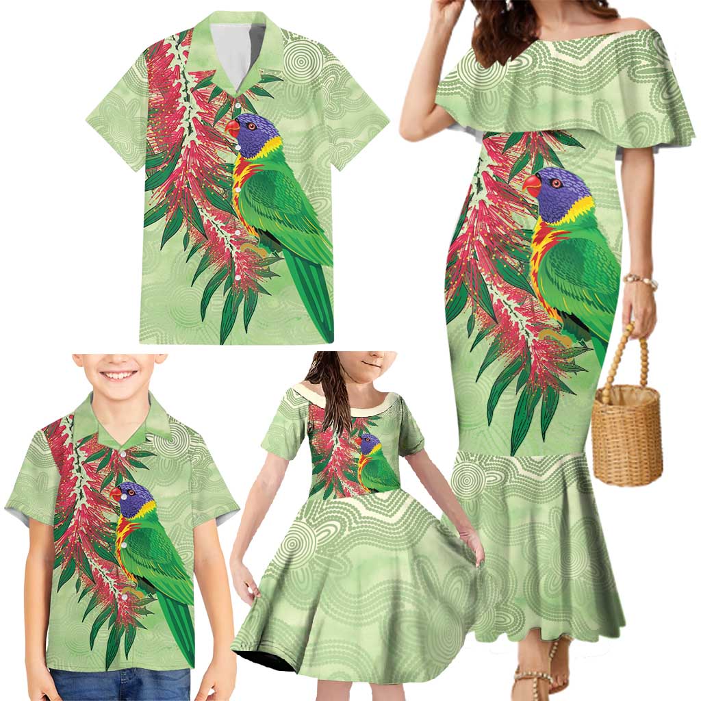 Australia Bottlebrush And Lorikeets Family Matching Mermaid Dress and Hawaiian Shirt Aboriginal Art - Watercolor Style