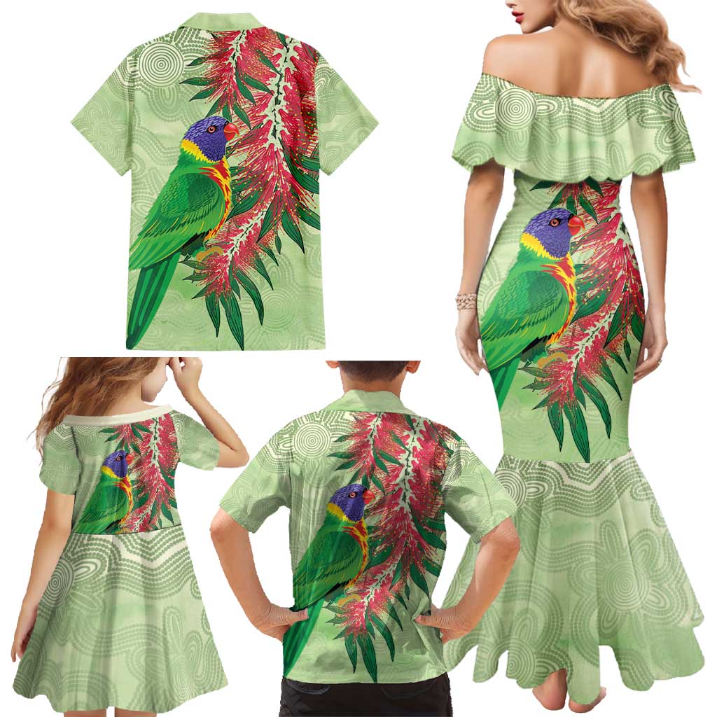 Australia Bottlebrush And Lorikeets Family Matching Mermaid Dress and Hawaiian Shirt Aboriginal Art - Watercolor Style