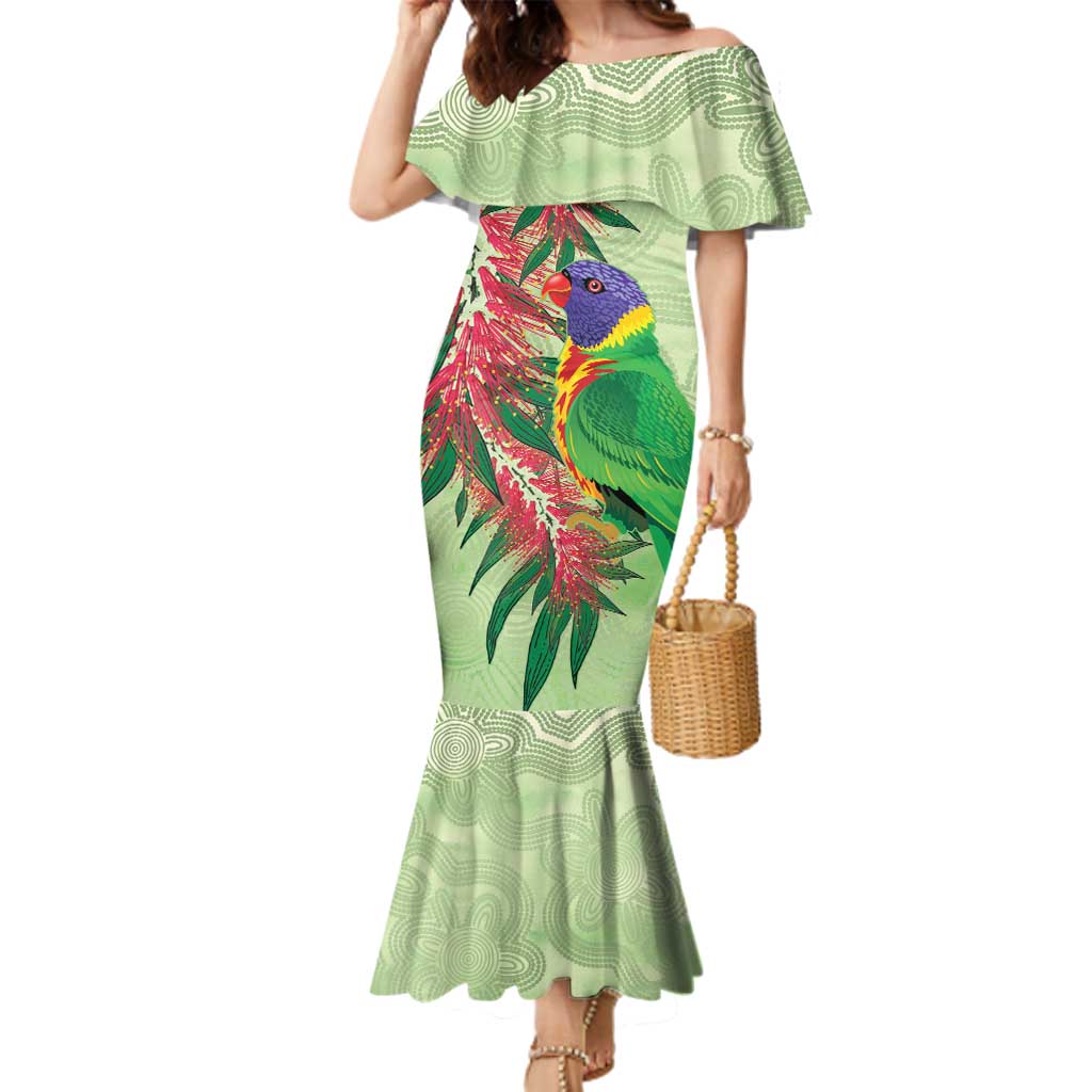Australia Bottlebrush And Lorikeets Family Matching Mermaid Dress and Hawaiian Shirt Aboriginal Art - Watercolor Style