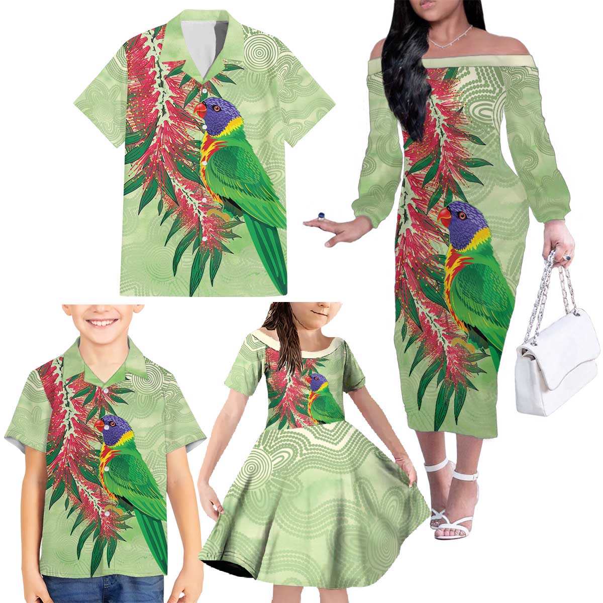Australia Bottlebrush And Lorikeets Family Matching Off The Shoulder Long Sleeve Dress and Hawaiian Shirt Aboriginal Art - Watercolor Style