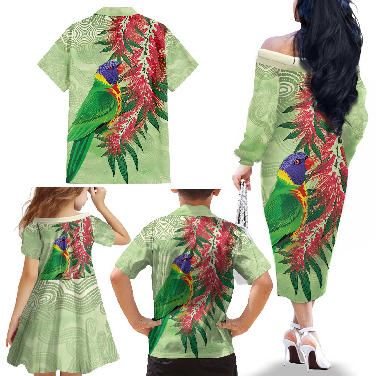 Australia Bottlebrush And Lorikeets Family Matching Off The Shoulder Long Sleeve Dress and Hawaiian Shirt Aboriginal Art - Watercolor Style