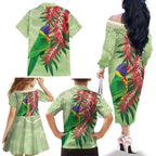 Australia Bottlebrush And Lorikeets Family Matching Off The Shoulder Long Sleeve Dress and Hawaiian Shirt Aboriginal Art - Watercolor Style