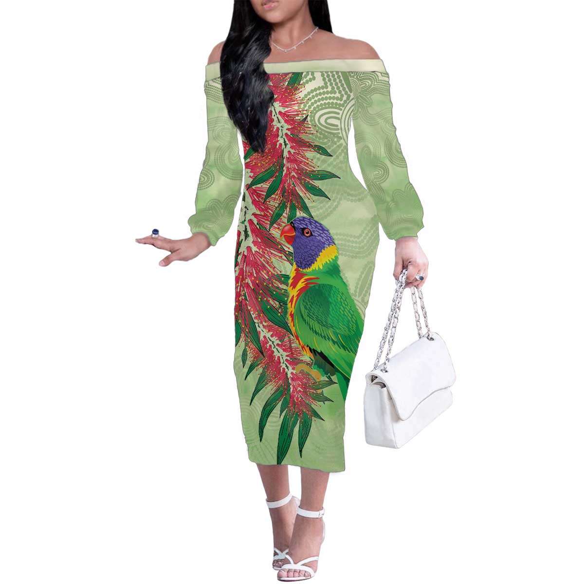 Australia Bottlebrush And Lorikeets Family Matching Off The Shoulder Long Sleeve Dress and Hawaiian Shirt Aboriginal Art - Watercolor Style