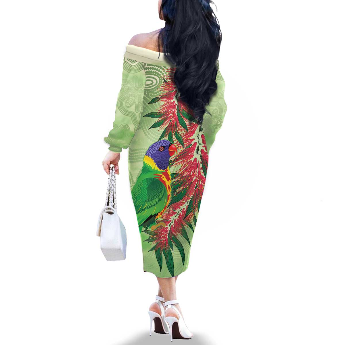 Australia Bottlebrush And Lorikeets Family Matching Off The Shoulder Long Sleeve Dress and Hawaiian Shirt Aboriginal Art - Watercolor Style