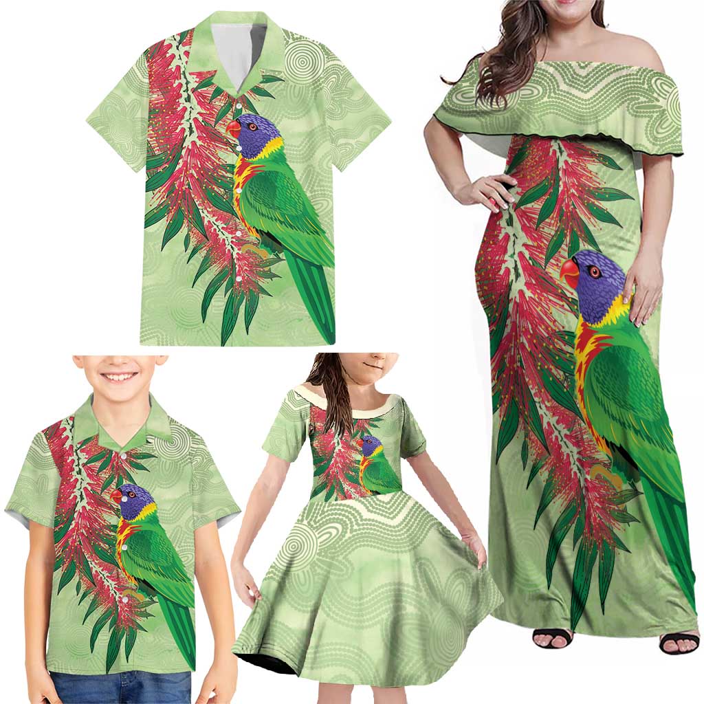 Australia Bottlebrush And Lorikeets Family Matching Off Shoulder Maxi Dress and Hawaiian Shirt Aboriginal Art - Watercolor Style