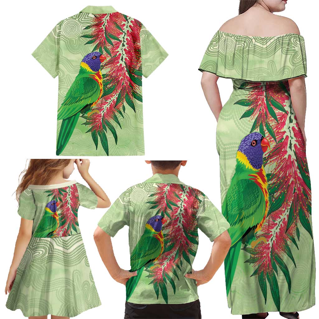 Australia Bottlebrush And Lorikeets Family Matching Off Shoulder Maxi Dress and Hawaiian Shirt Aboriginal Art - Watercolor Style