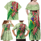 Australia Bottlebrush And Lorikeets Family Matching Off Shoulder Maxi Dress and Hawaiian Shirt Aboriginal Art - Watercolor Style