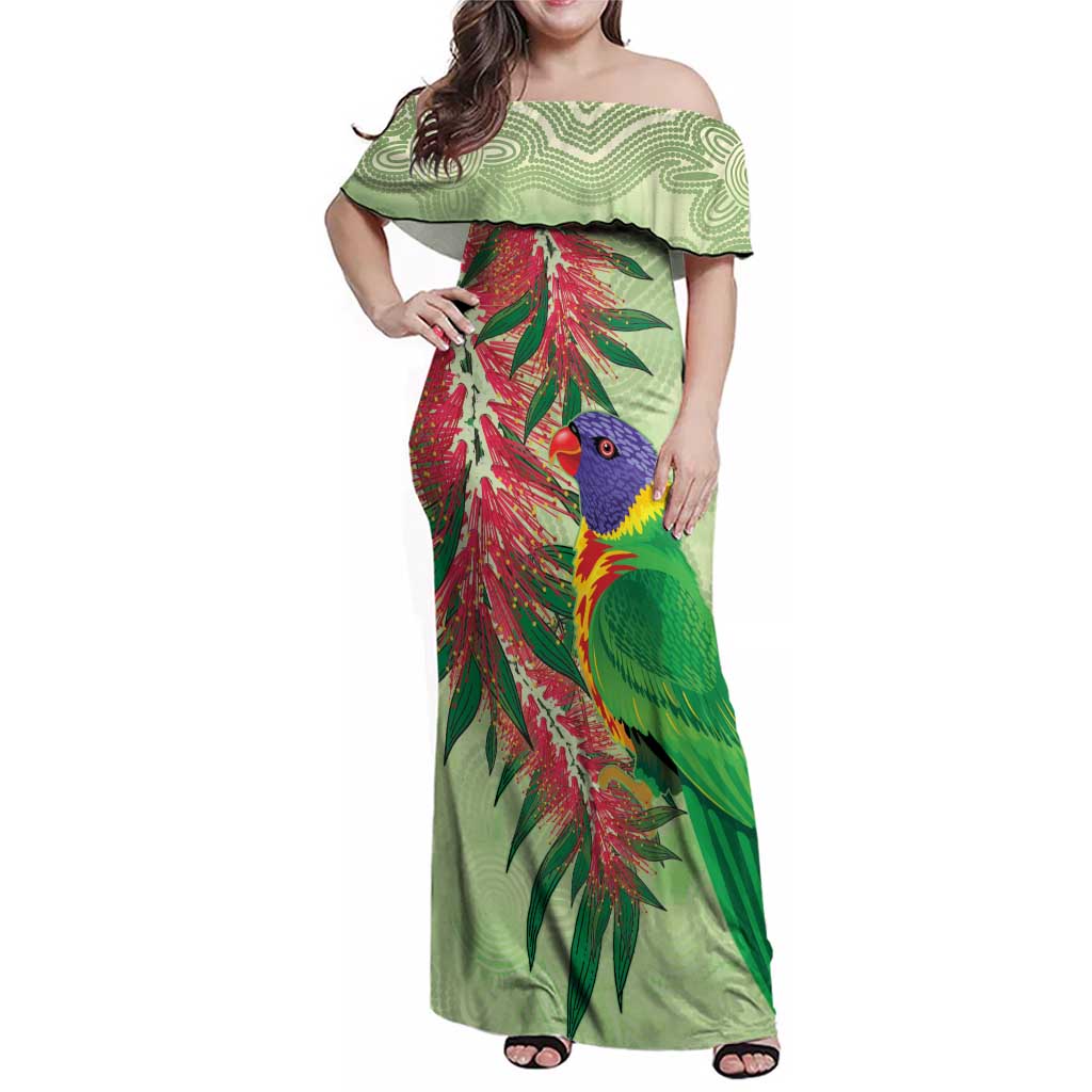 Australia Bottlebrush And Lorikeets Family Matching Off Shoulder Maxi Dress and Hawaiian Shirt Aboriginal Art - Watercolor Style