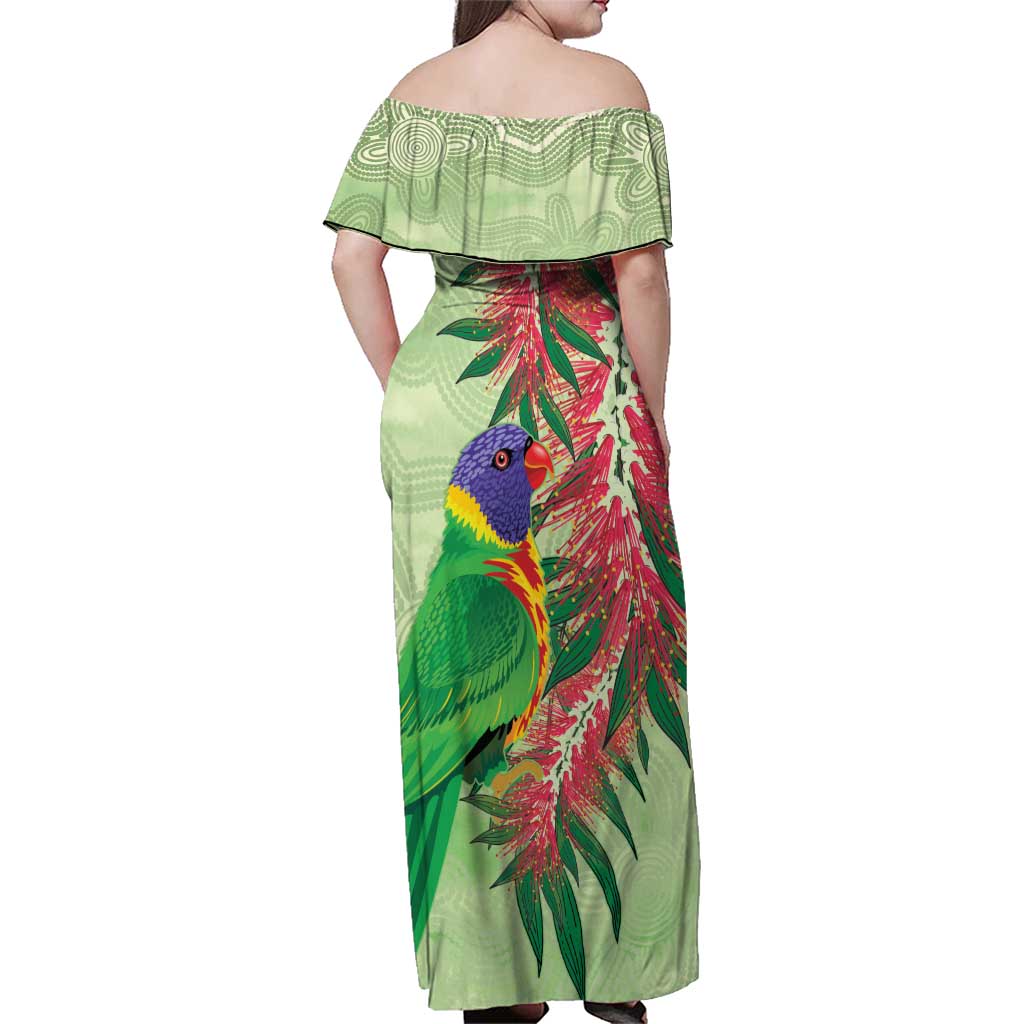 Australia Bottlebrush And Lorikeets Family Matching Off Shoulder Maxi Dress and Hawaiian Shirt Aboriginal Art - Watercolor Style