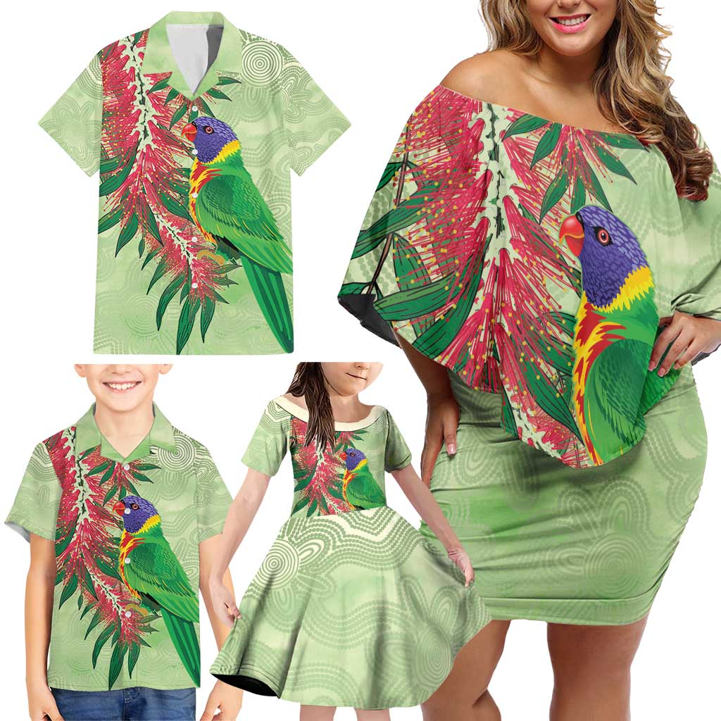 Australia Bottlebrush And Lorikeets Family Matching Off Shoulder Short Dress and Hawaiian Shirt Aboriginal Art - Watercolor Style