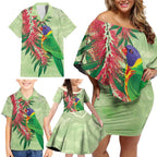 Australia Bottlebrush And Lorikeets Family Matching Off Shoulder Short Dress and Hawaiian Shirt Aboriginal Art - Watercolor Style