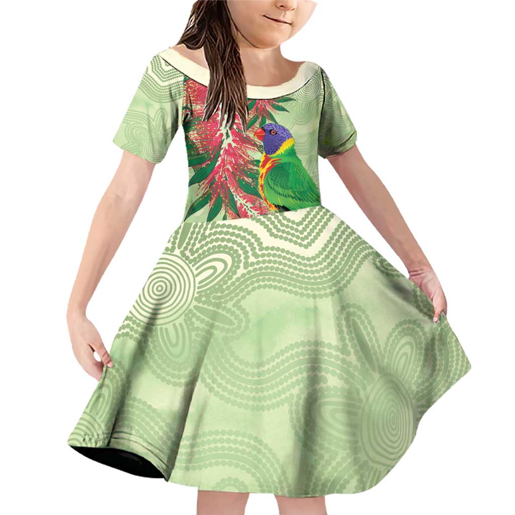 Australia Bottlebrush And Lorikeets Family Matching Off Shoulder Short Dress and Hawaiian Shirt Aboriginal Art - Watercolor Style