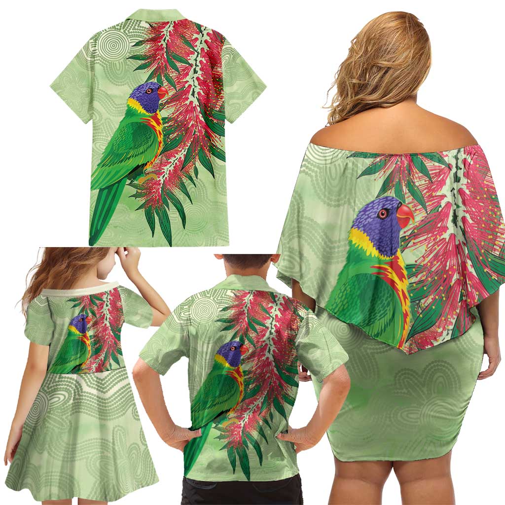 Australia Bottlebrush And Lorikeets Family Matching Off Shoulder Short Dress and Hawaiian Shirt Aboriginal Art - Watercolor Style
