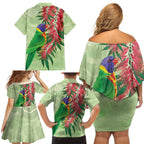 Australia Bottlebrush And Lorikeets Family Matching Off Shoulder Short Dress and Hawaiian Shirt Aboriginal Art - Watercolor Style