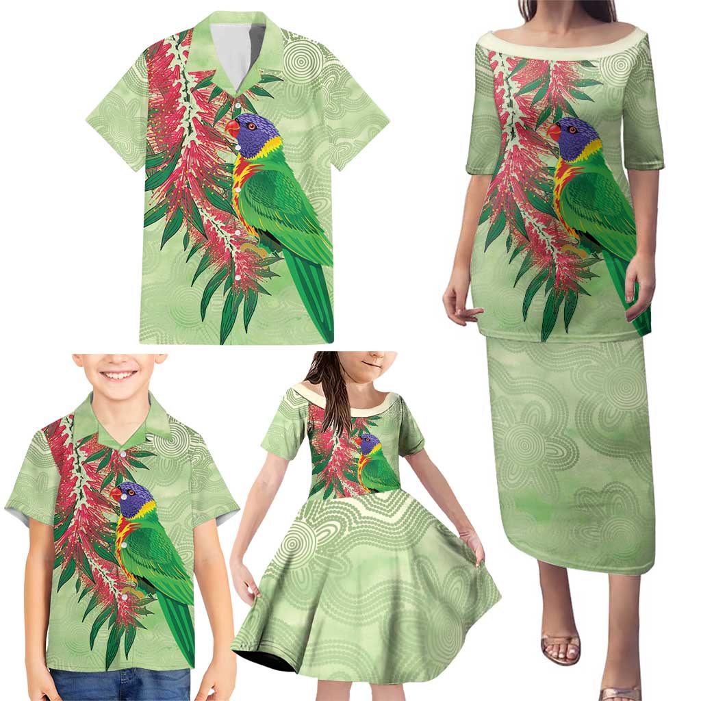 Australia Bottlebrush And Lorikeets Family Matching Puletasi and Hawaiian Shirt Aboriginal Art - Watercolor Style