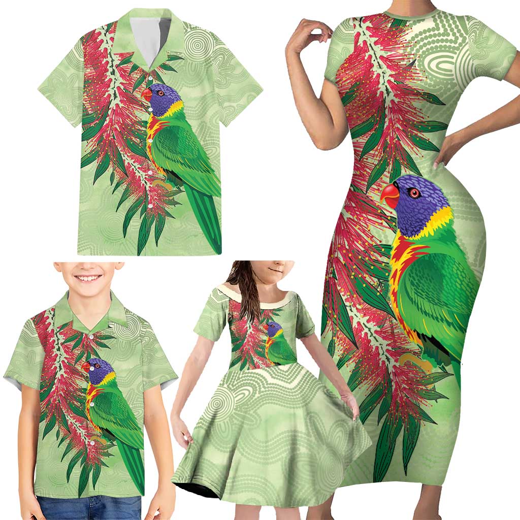 Australia Bottlebrush And Lorikeets Family Matching Short Sleeve Bodycon Dress and Hawaiian Shirt Aboriginal Art - Watercolor Style
