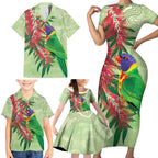 Australia Bottlebrush And Lorikeets Family Matching Short Sleeve Bodycon Dress and Hawaiian Shirt Aboriginal Art - Watercolor Style