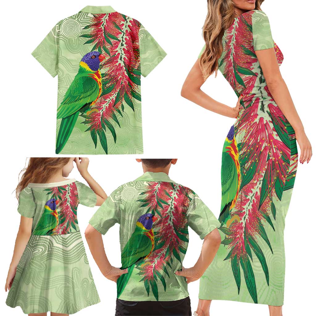 Australia Bottlebrush And Lorikeets Family Matching Short Sleeve Bodycon Dress and Hawaiian Shirt Aboriginal Art - Watercolor Style
