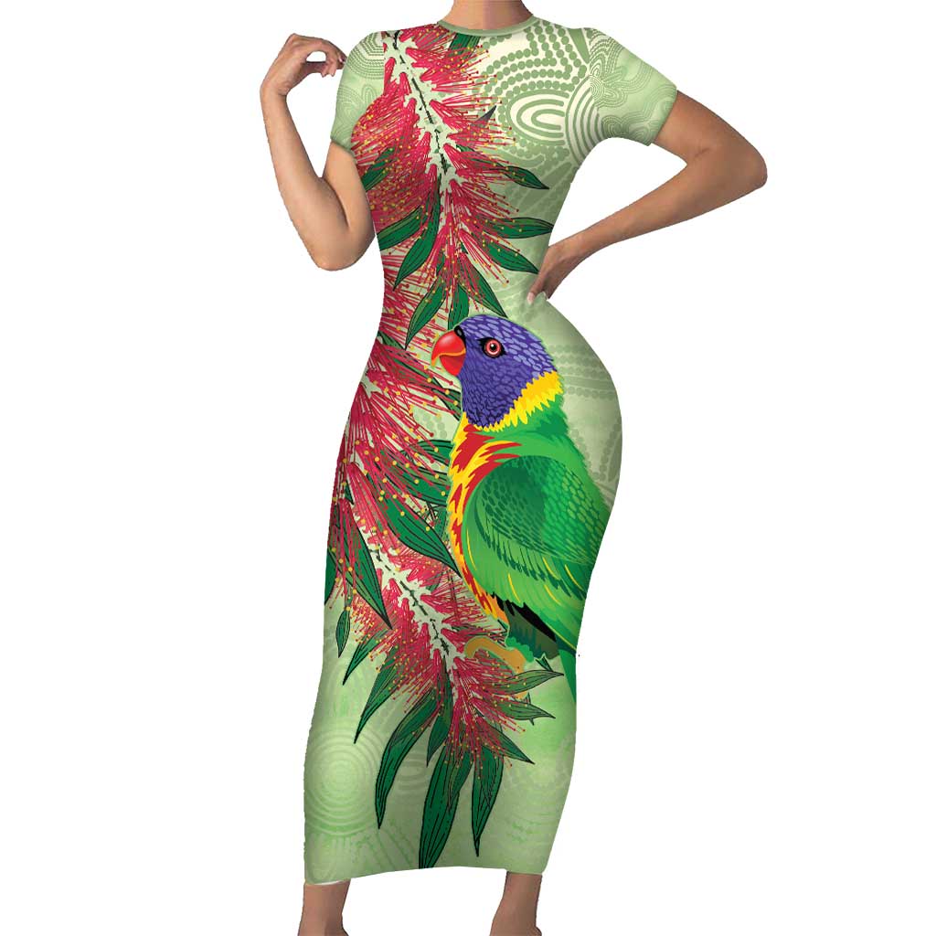 Australia Bottlebrush And Lorikeets Family Matching Short Sleeve Bodycon Dress and Hawaiian Shirt Aboriginal Art - Watercolor Style