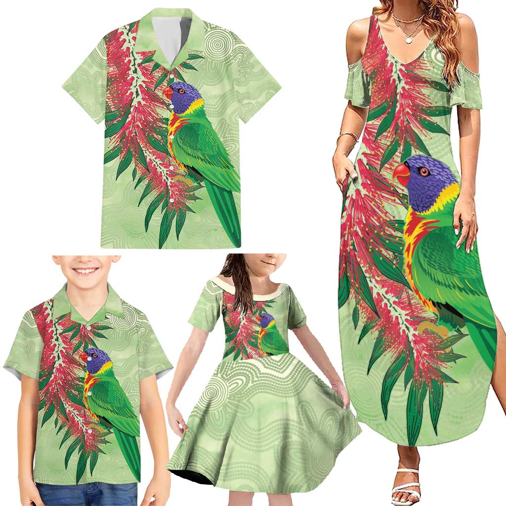 Australia Bottlebrush And Lorikeets Family Matching Summer Maxi Dress and Hawaiian Shirt Aboriginal Art - Watercolor Style