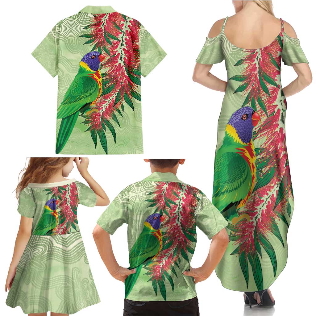 Australia Bottlebrush And Lorikeets Family Matching Summer Maxi Dress and Hawaiian Shirt Aboriginal Art - Watercolor Style