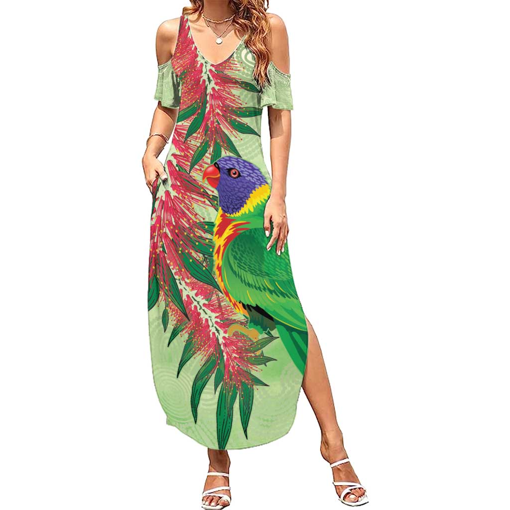 Australia Bottlebrush And Lorikeets Family Matching Summer Maxi Dress and Hawaiian Shirt Aboriginal Art - Watercolor Style