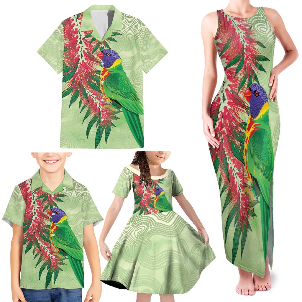 Australia Bottlebrush And Lorikeets Family Matching Tank Maxi Dress and Hawaiian Shirt Aboriginal Art - Watercolor Style