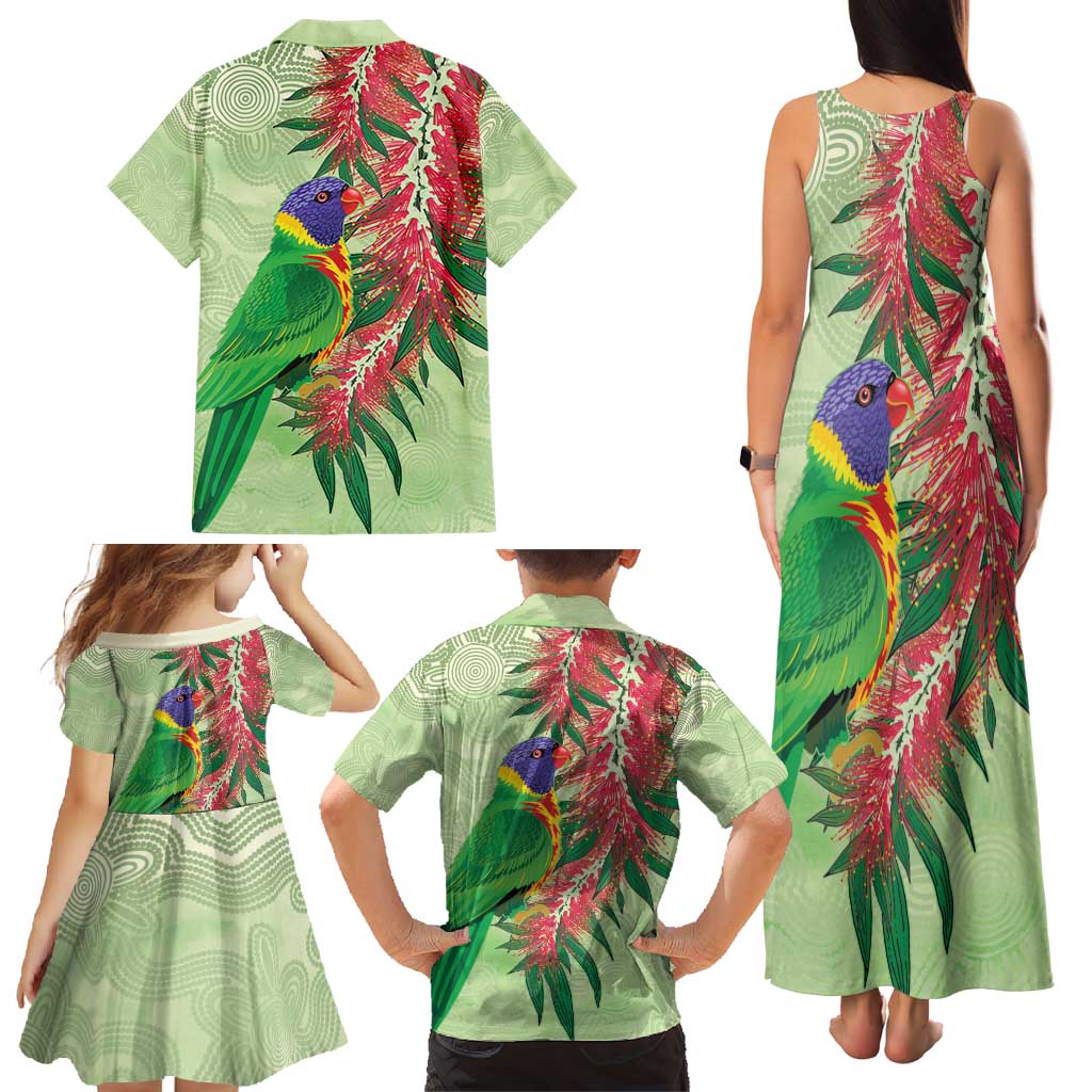 Australia Bottlebrush And Lorikeets Family Matching Tank Maxi Dress and Hawaiian Shirt Aboriginal Art - Watercolor Style