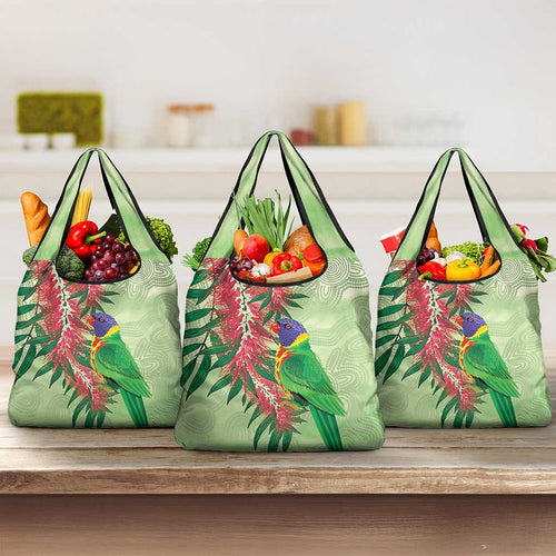 Australia Bottlebrush And Lorikeets Grocery Bag Aboriginal Art - Watercolor Style