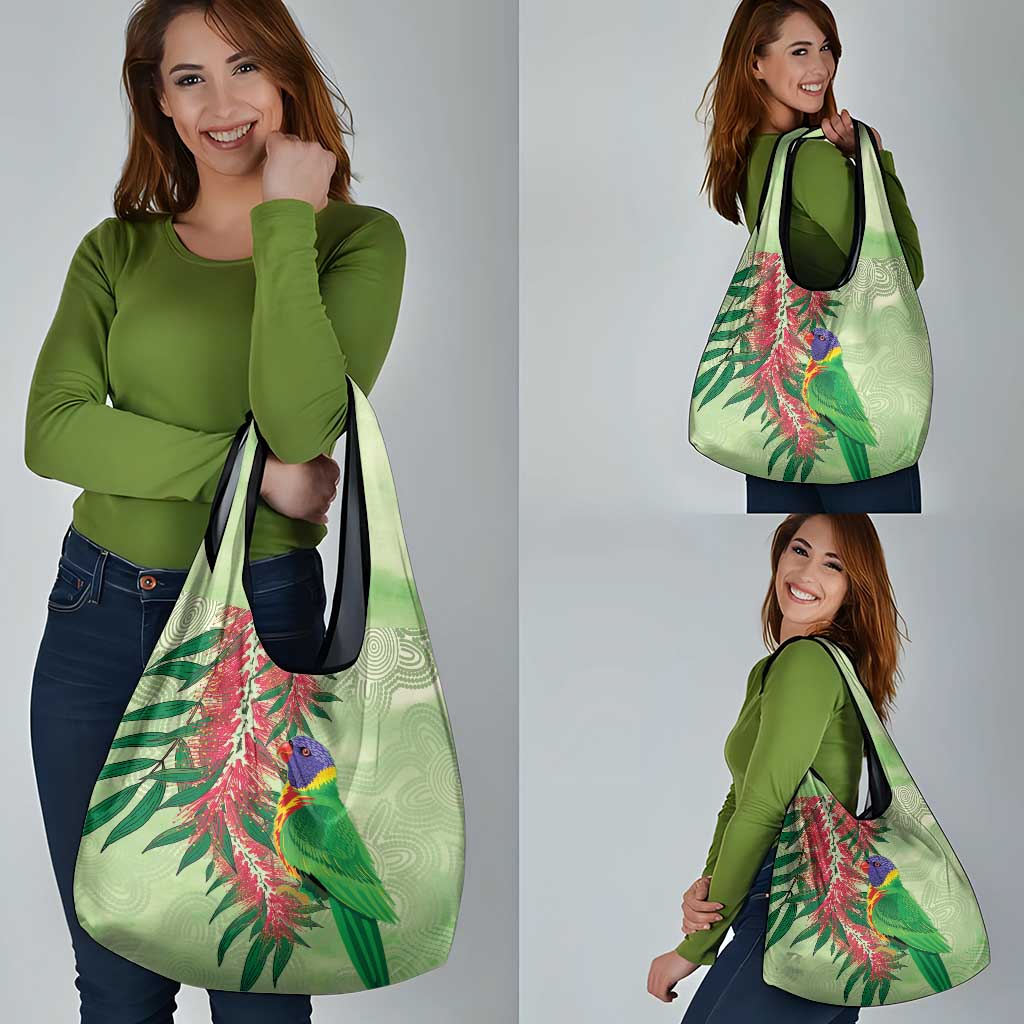 Australia Bottlebrush And Lorikeets Grocery Bag Aboriginal Art - Watercolor Style