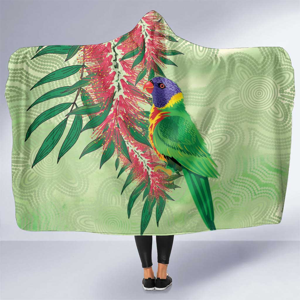 Australia Bottlebrush And Lorikeets Hooded Blanket Aboriginal Art - Watercolor Style