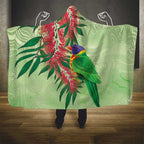 Australia Bottlebrush And Lorikeets Hooded Blanket Aboriginal Art - Watercolor Style