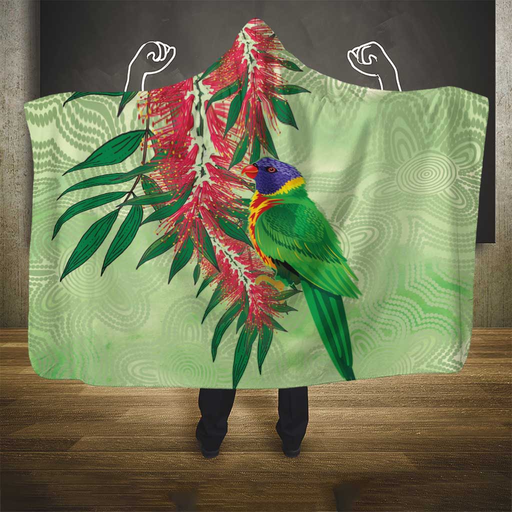 Australia Bottlebrush And Lorikeets Hooded Blanket Aboriginal Art - Watercolor Style