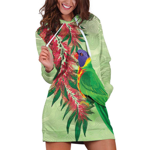 Australia Bottlebrush And Lorikeets Hoodie Dress Aboriginal Art - Watercolor Style