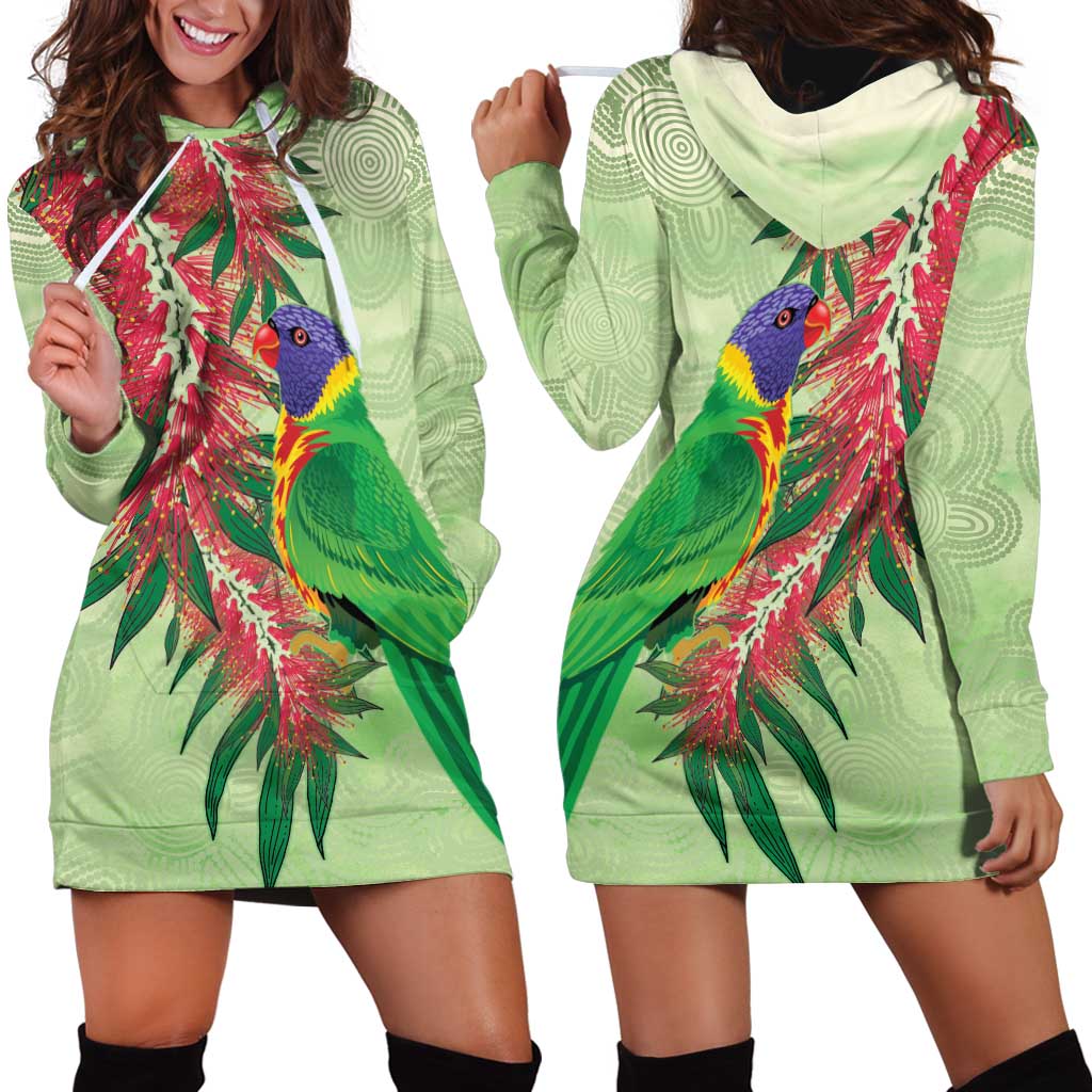 Australia Bottlebrush And Lorikeets Hoodie Dress Aboriginal Art - Watercolor Style