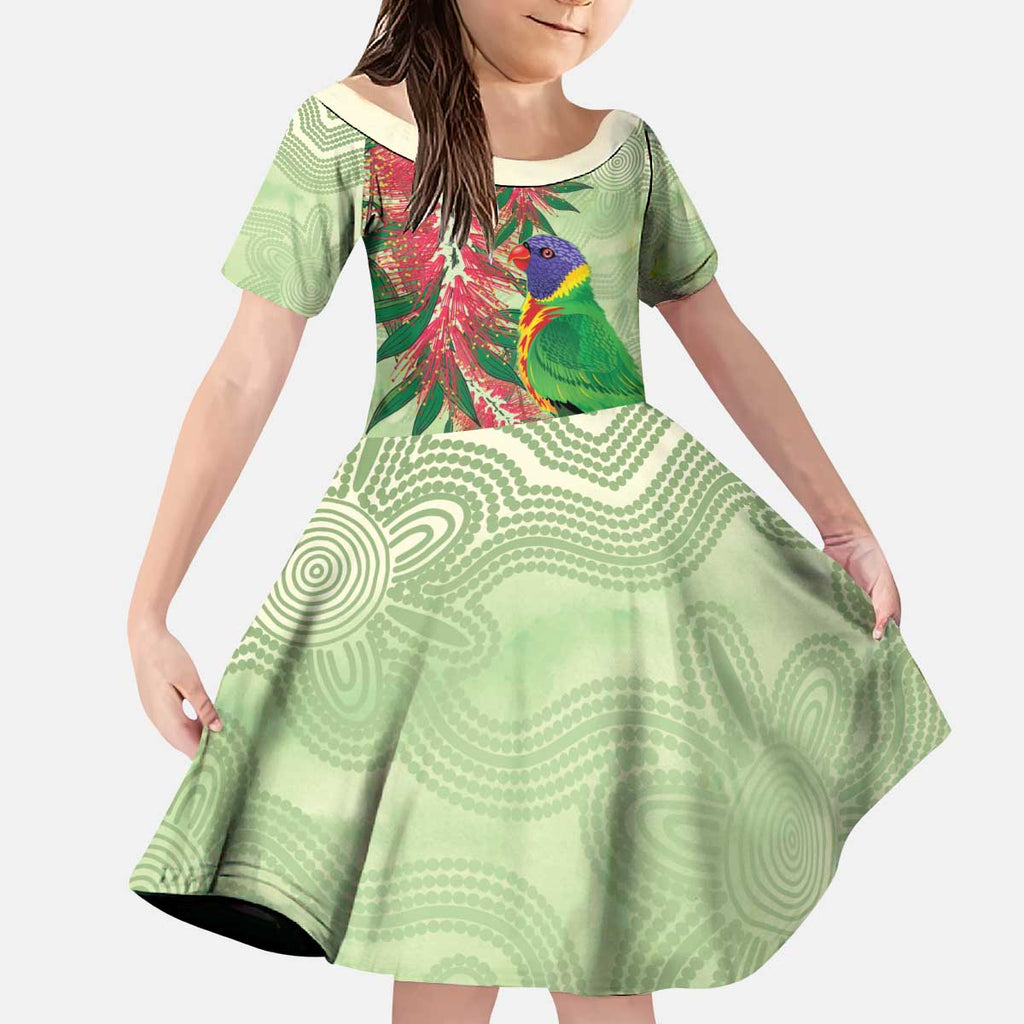 Australia Bottlebrush And Lorikeets Kid Short Sleeve Dress Aboriginal Art - Watercolor Style