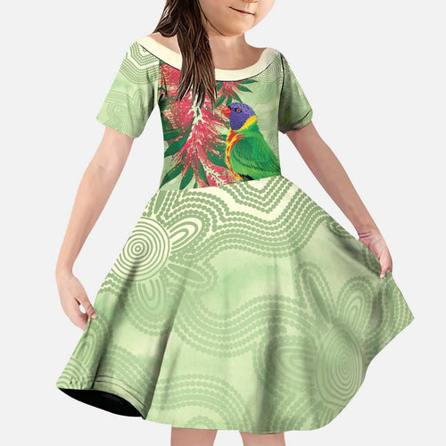 Australia Bottlebrush And Lorikeets Kid Short Sleeve Dress Aboriginal Art - Watercolor Style